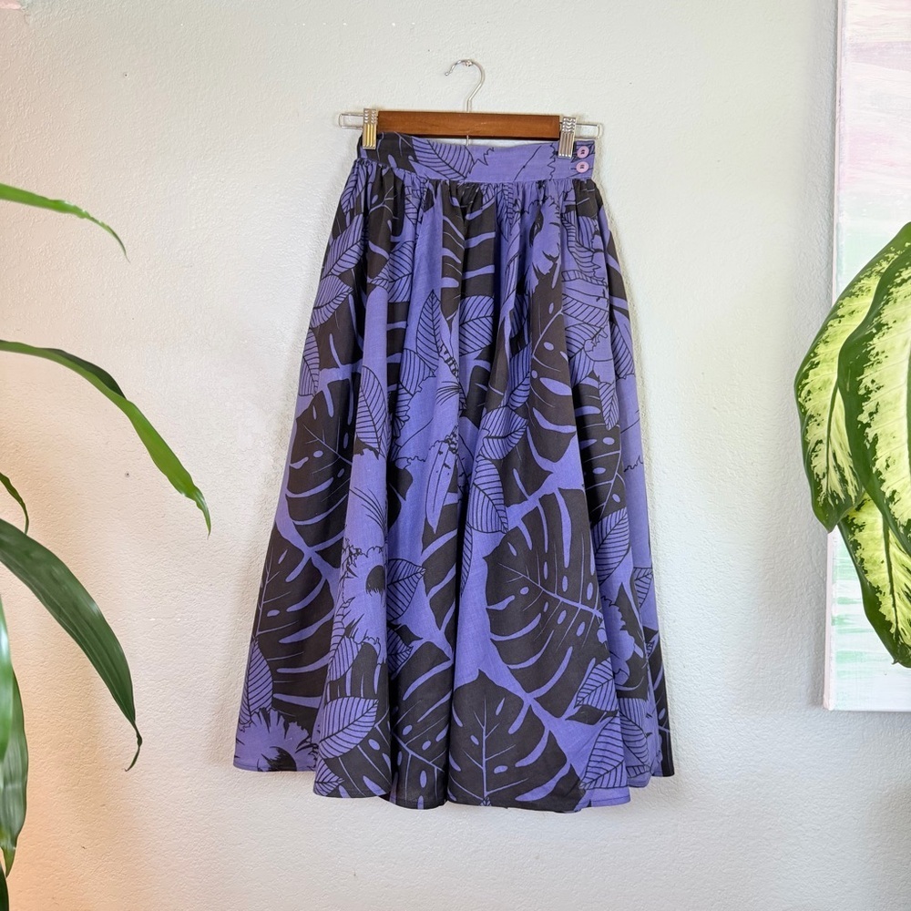 Carole Little Linen Vintage Full A Line Purple Black Tropical Leaf Retro Skirt 4